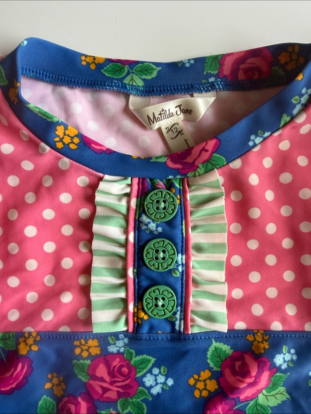 Matilda Jane Blue Floral Rashguard with Pink Polka Dot Yoke Sz 12 EU - Picture 3 of 13